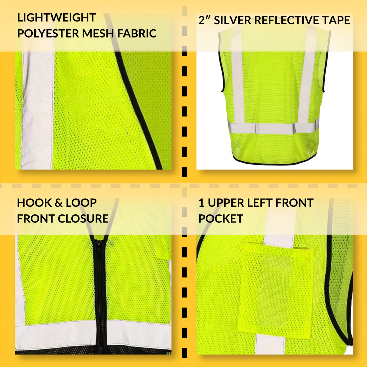 Class 2 Black Bottom Mesh Safety Vest with Zipper Closure, Reflective Tape & Multi-Pocket Design, ANSI Type R Compliant, Hi-Vis Lime/Orange, M-5XL
