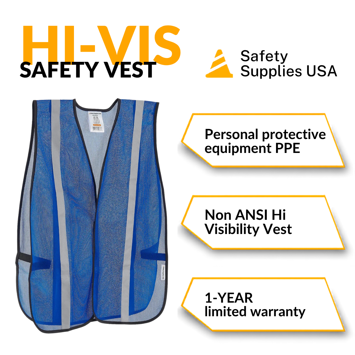 Hi-Vis Safety Vest, 1" Reflective Strips, Mesh