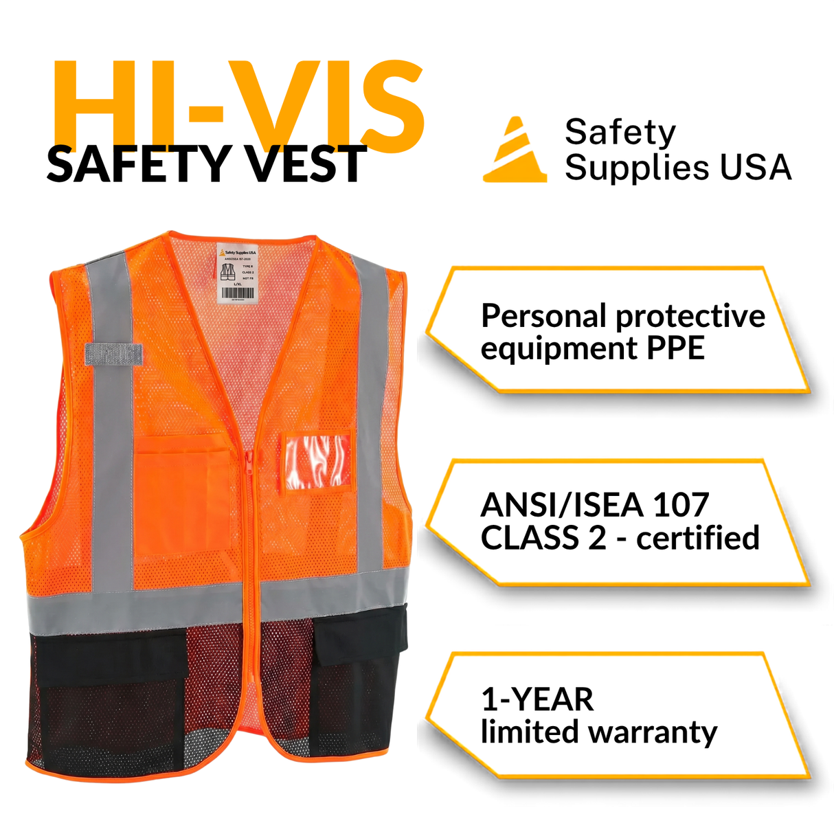 Class 2 Hi-Vis Safety Vest, 3 Pockets, Mesh