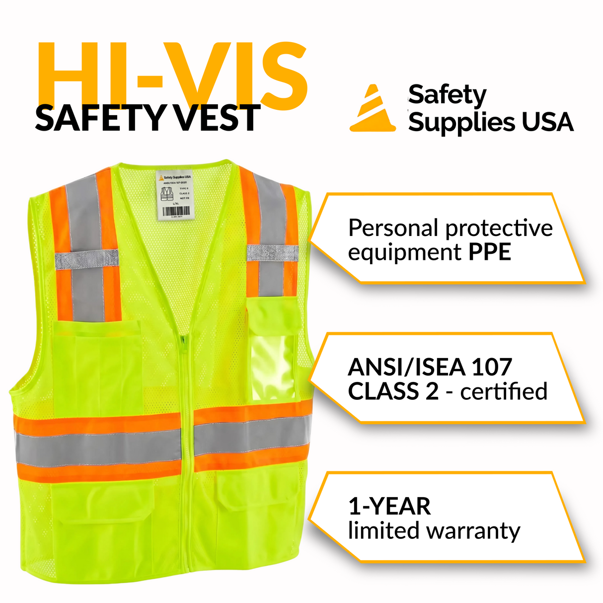 Class 2 Hi-Vis Safety Vest, 2 Pockets, Two-Tone, Mesh