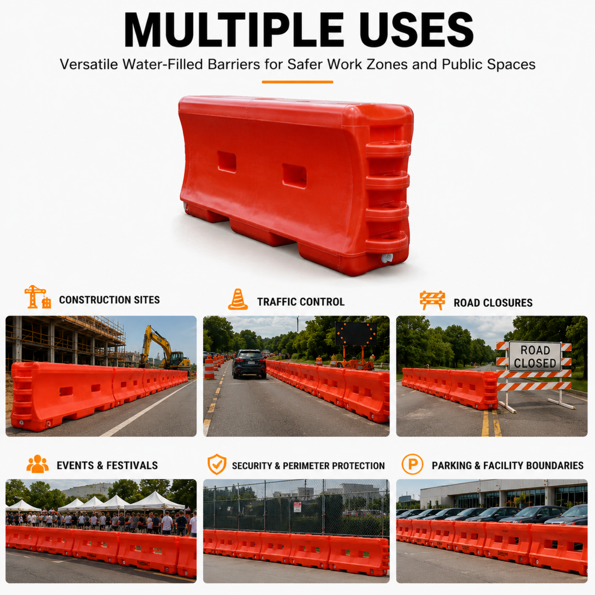 Water-Filled Traffic Barrier – 6 Ft Plastic Construction Barricade with Interlocking Design and Fillable Base