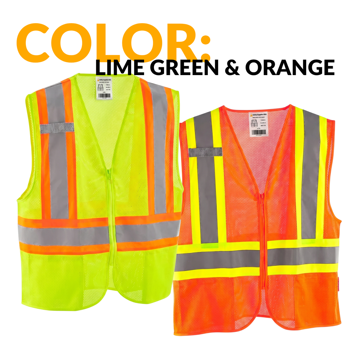 Class 2 Hi-Vis Safety Vest, 2 Pockets, Two-Tone, Mesh