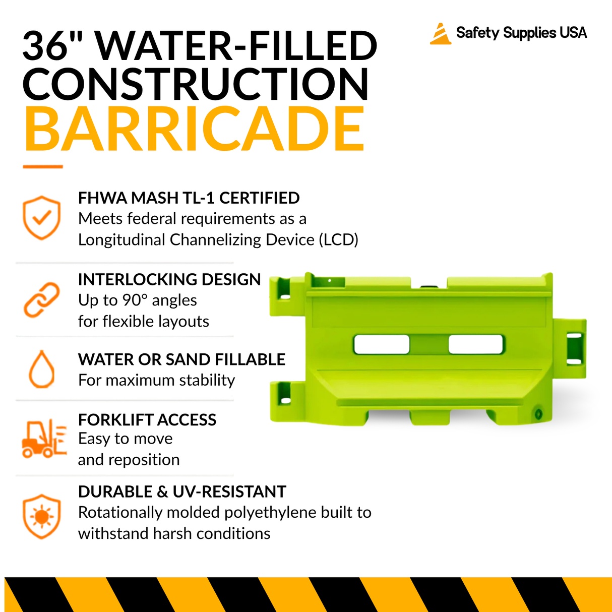 36" Interlocking Water-Filled Construction Barrier – Plastic Traffic Divider