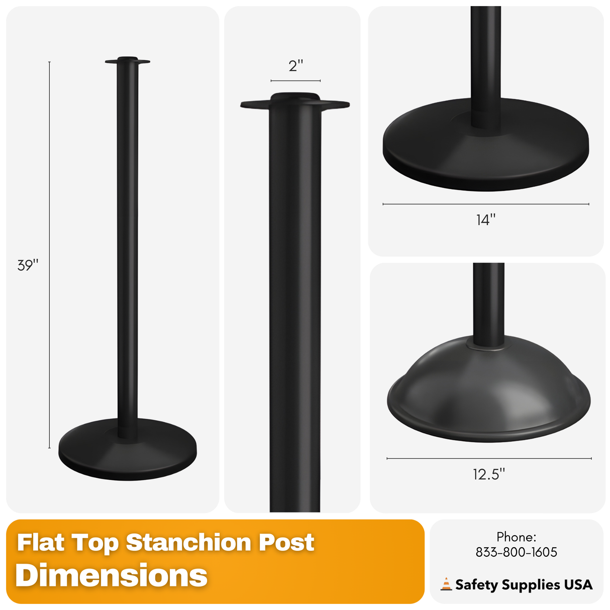 Flat Top Rope Barrier Stanchion Post with Flat or Dome Base