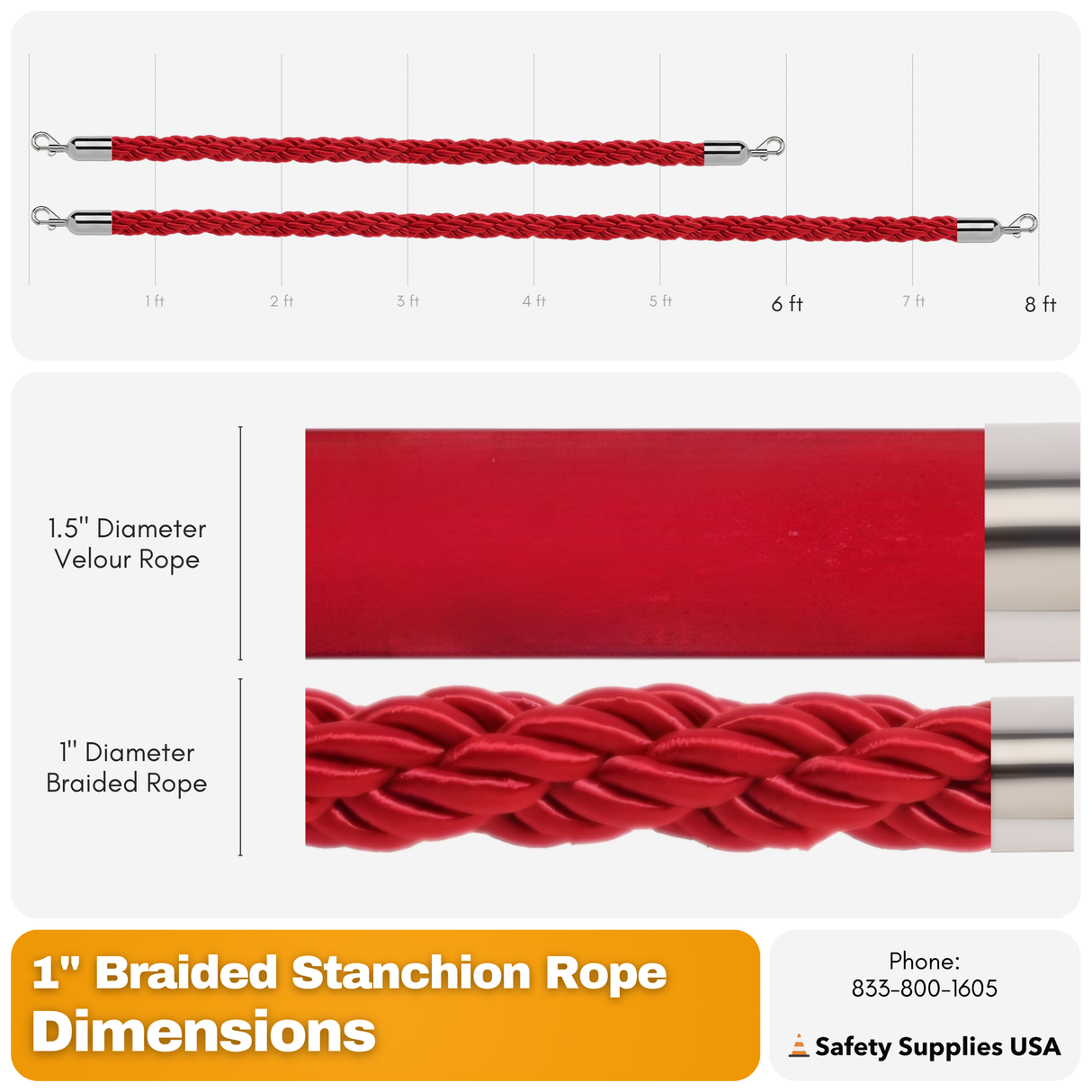 1 Inch Braided Stanchion Rope | 6 Ft or 8 Ft