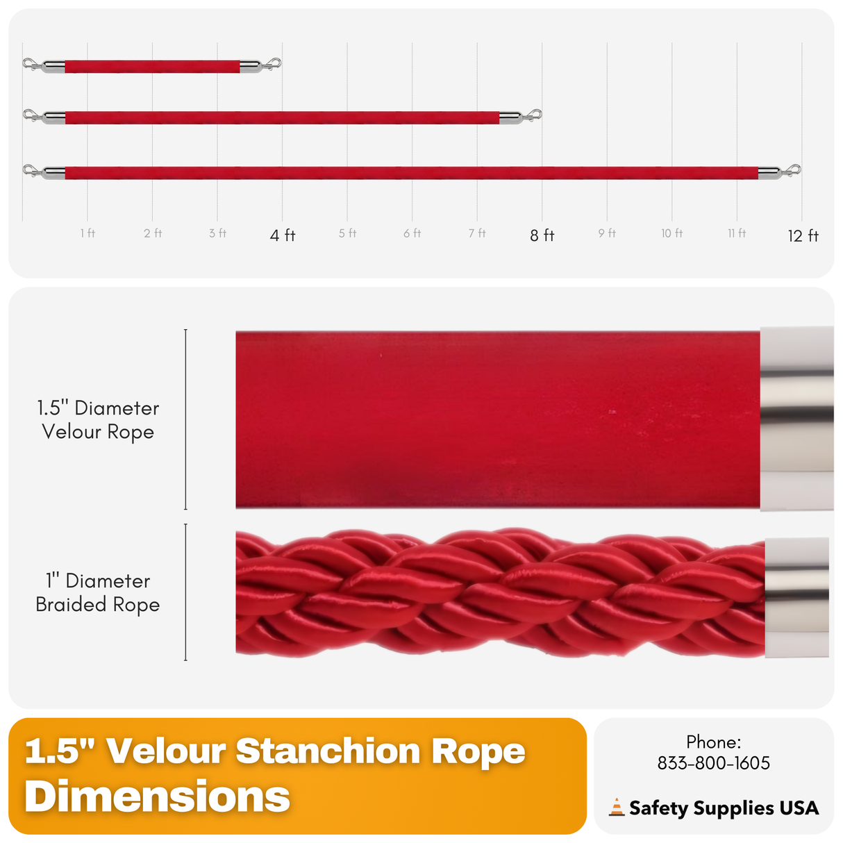 1.5 Inch Velour Stanchion Rope | 4 Ft to 12 Ft