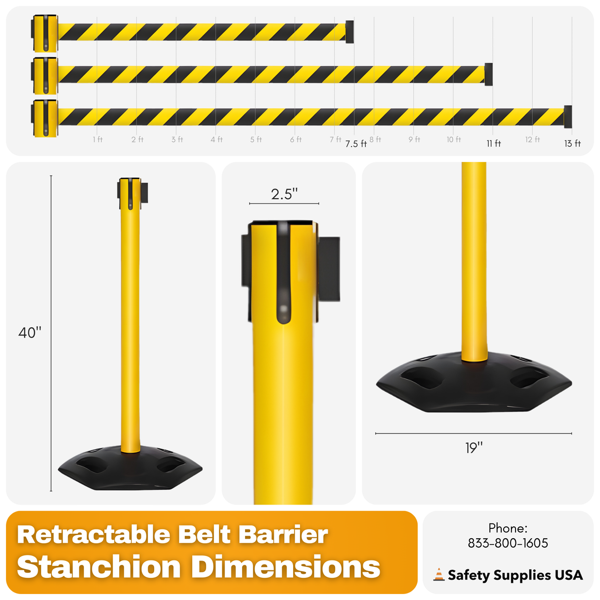 Safety Retractable Belt Barrier Stanchion | 7.5 Ft to 13 Ft