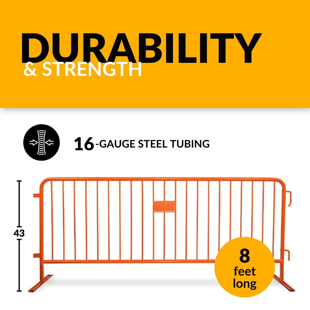8.5 Foot Heavy Duty Steel Crowd Control Barricade - Orange