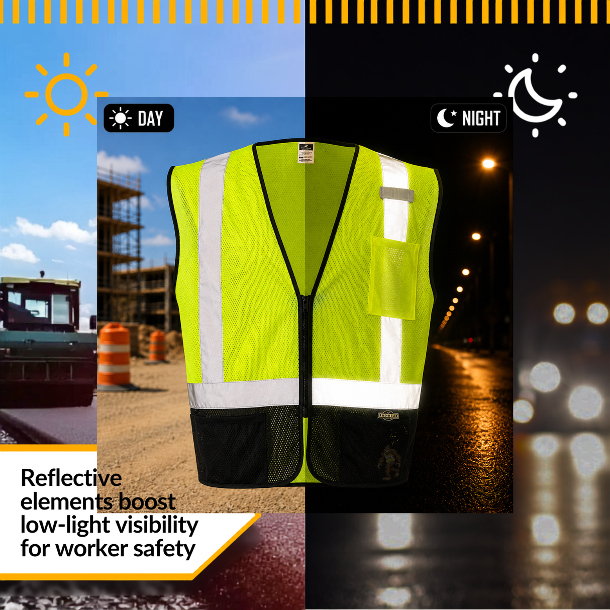 Class 2 Black Bottom Mesh Safety Vest with Zipper Closure, Reflective Tape & Multi-Pocket Design, ANSI Type R Compliant, Hi-Vis Lime/Orange, M-5XL