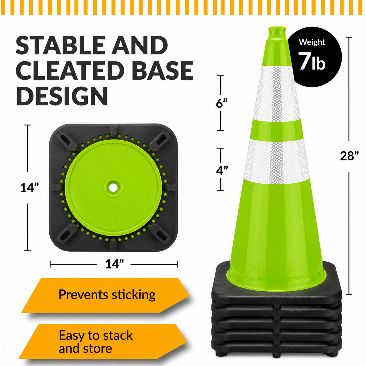 100 Cones Bulk Pallet, 28" Lime Green Traffic Cone, 7lb Black Base, w/6" & 4" Retroreflective Collars, MUTCD Compliant