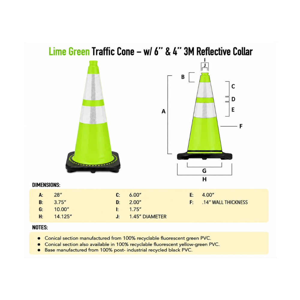 28" Lime Green Traffic Cone, 7 lb Black Base