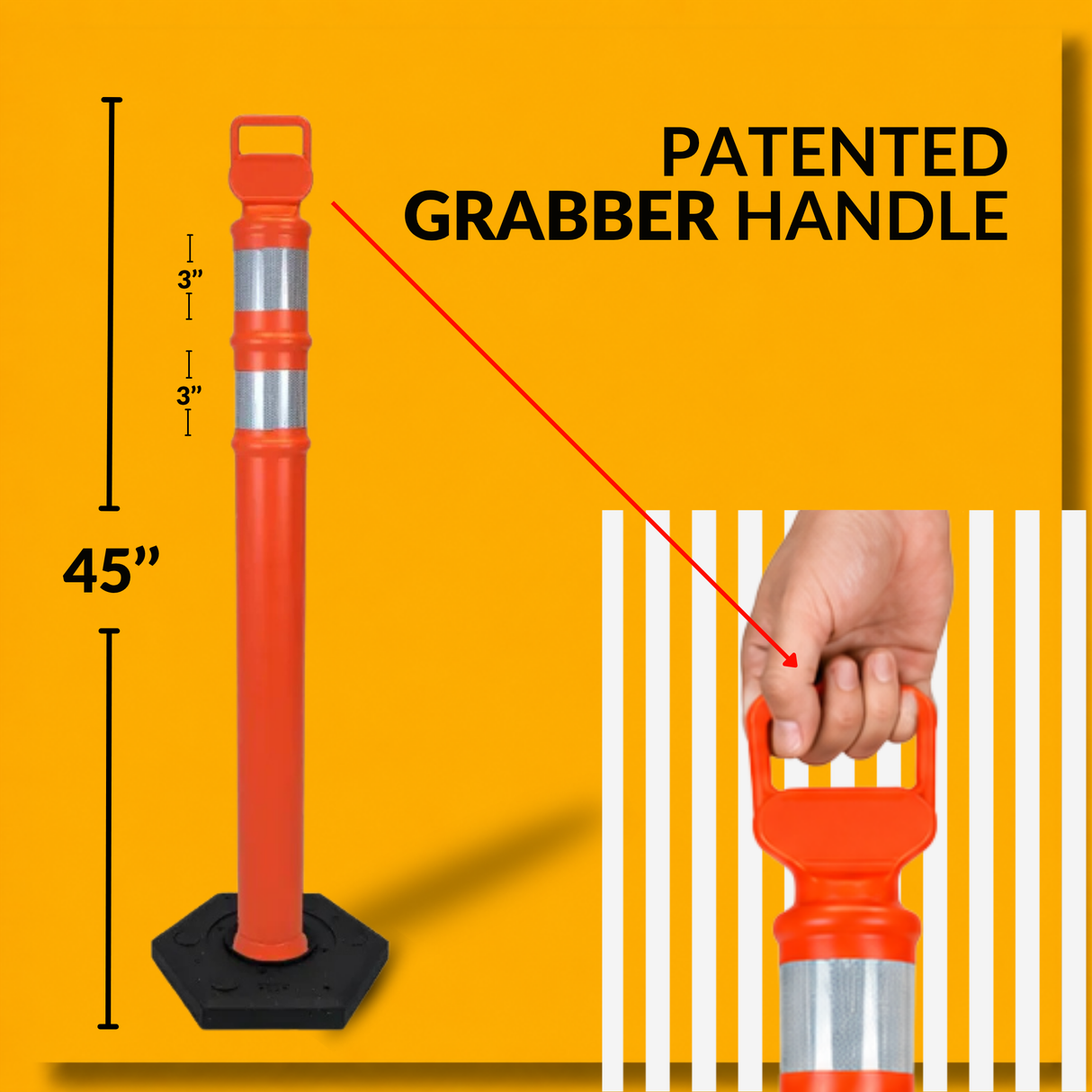45" EZ Grab Delineator Tube with Recycled Rubber Base - Two 3" HI Reflective Collars