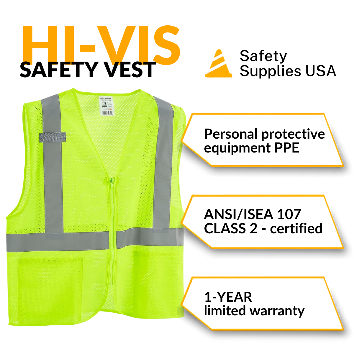 Class 2 Hi-Vis Safety Vest, 2 Pockets, Mesh