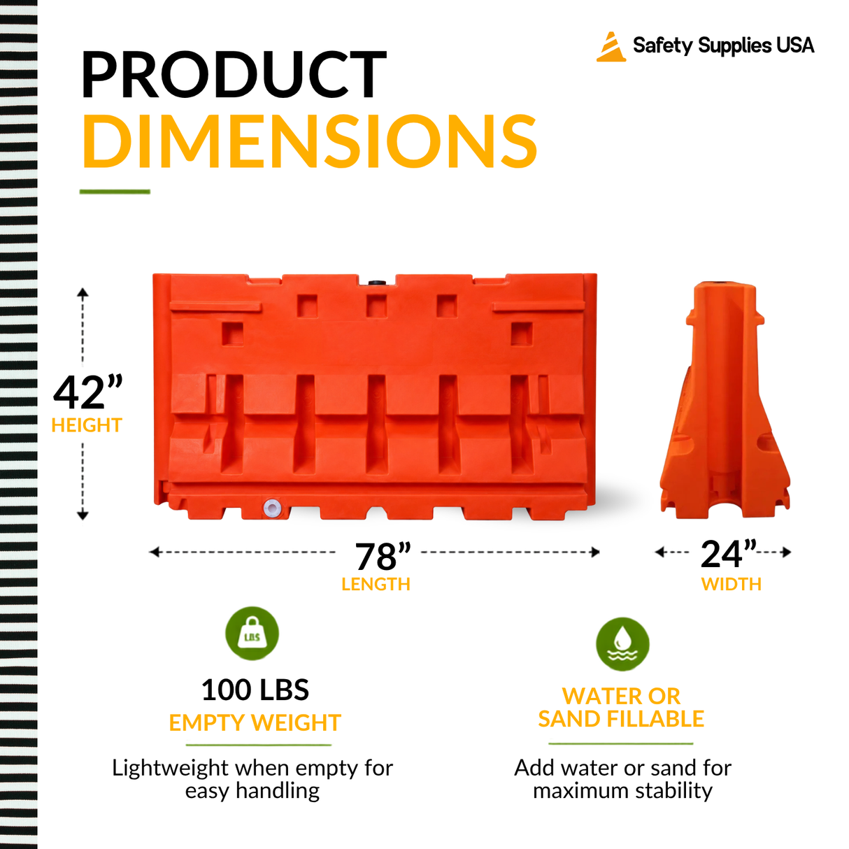42 Inch Jersey Style Water-Filled Barrier – Interlocking Plastic Construction for Traffic and Crowd Control