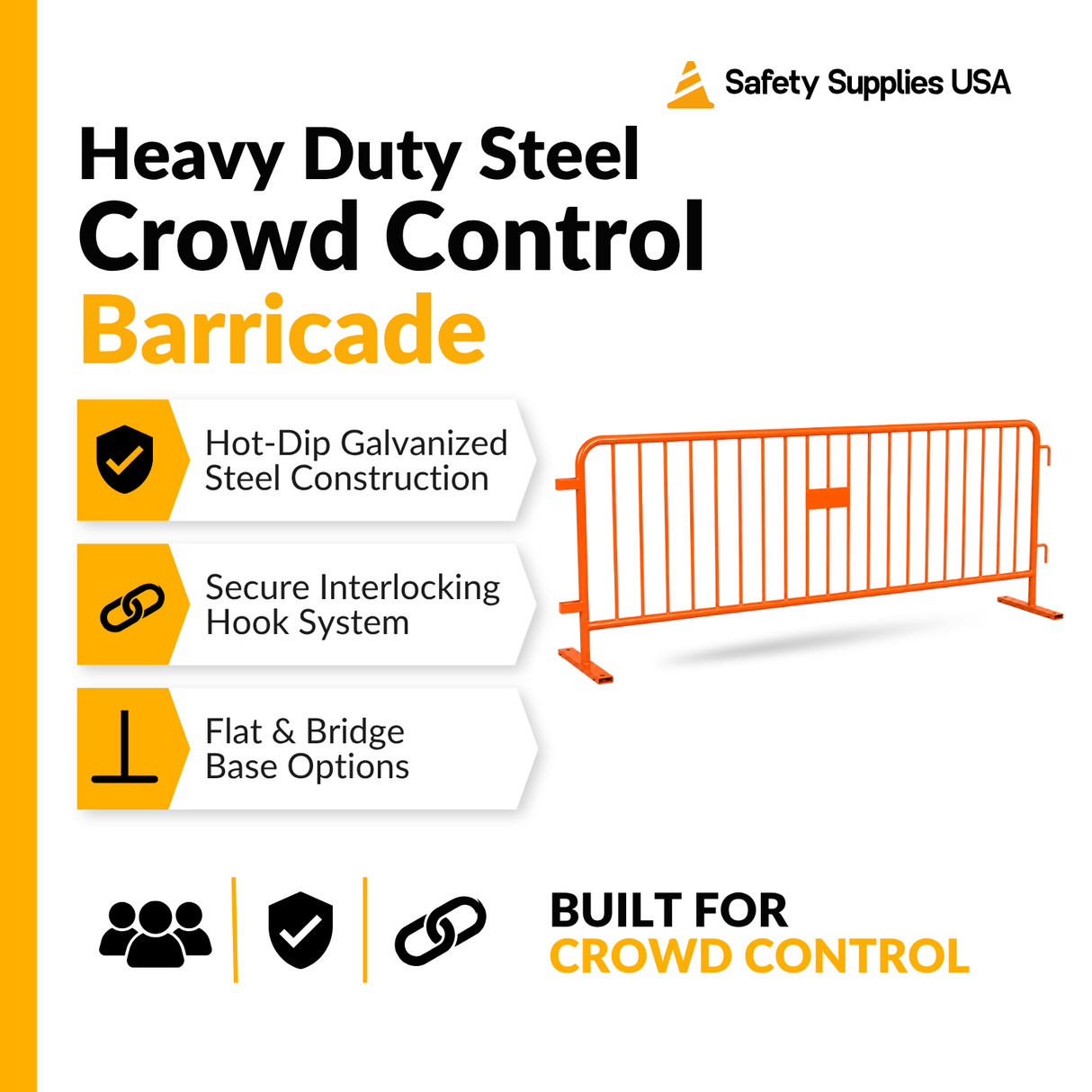 8.5 Foot Heavy Duty Steel Crowd Control Barricade - Orange