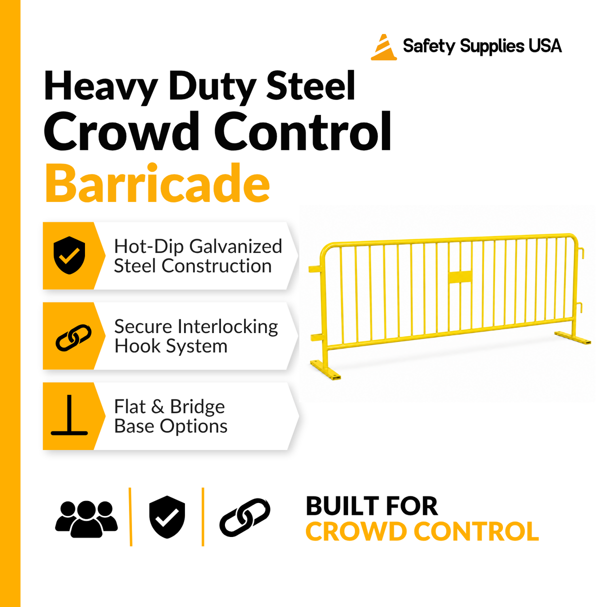 8.5 Foot Heavy Duty Steel Crowd Control Barricade - Yellow
