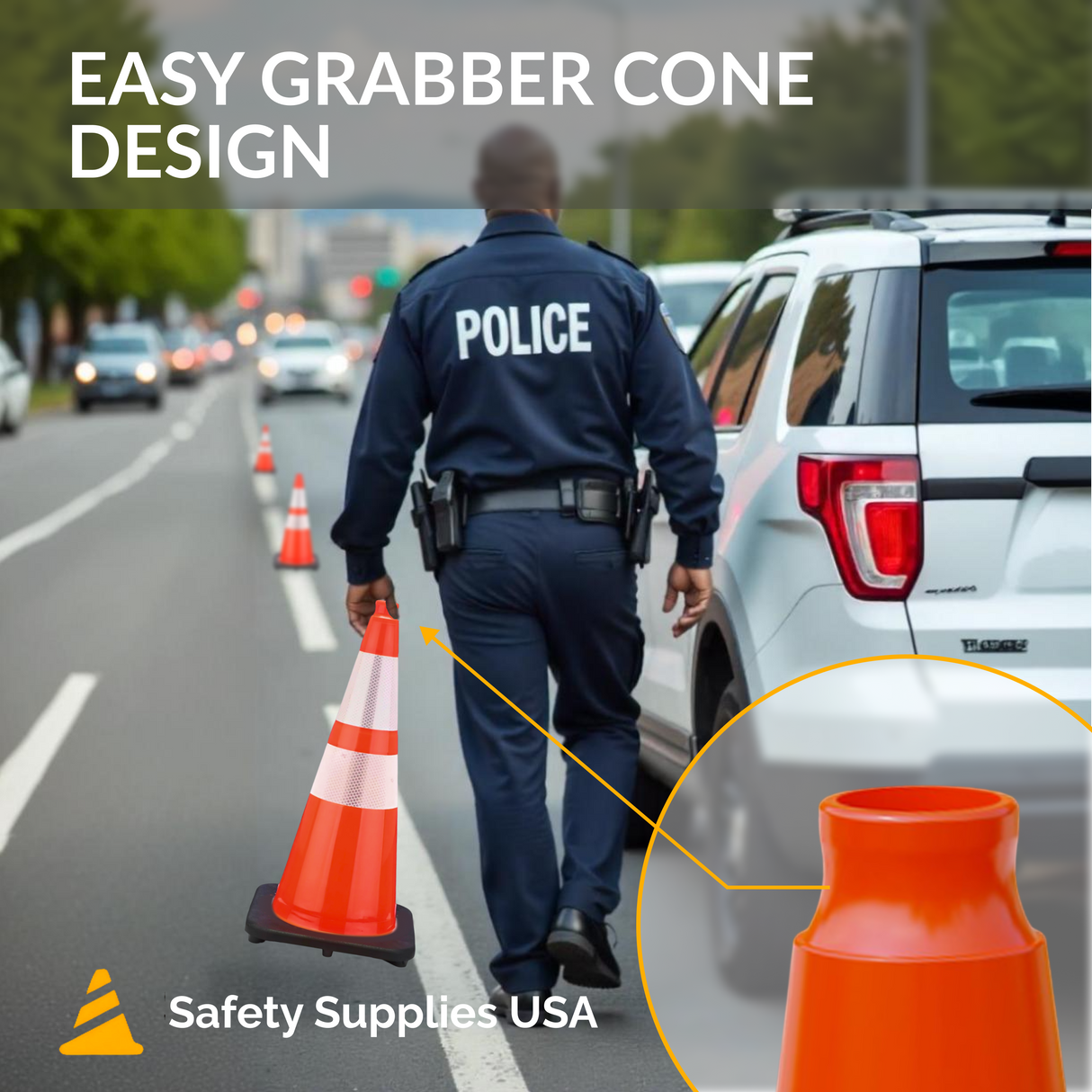 28" Orange Traffic Cone, 7lb Black Base, w/6" & 4" Retroreflective Collars, MUTCD Compliant