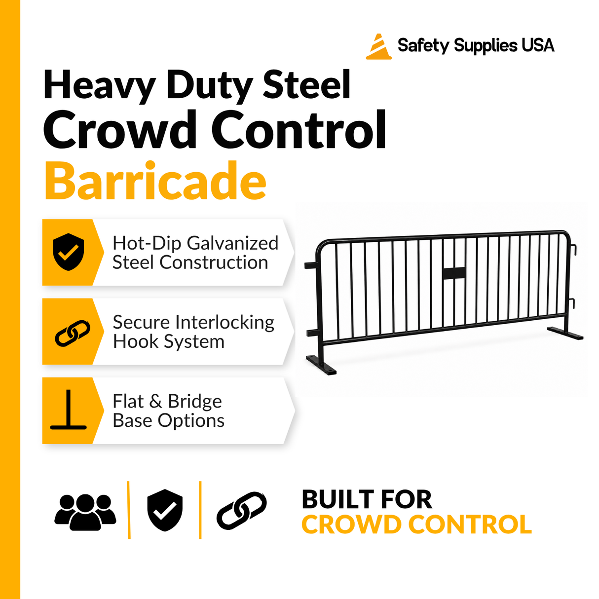 8.5 Foot Heavy Duty Steel Crowd Control Barricade - Black