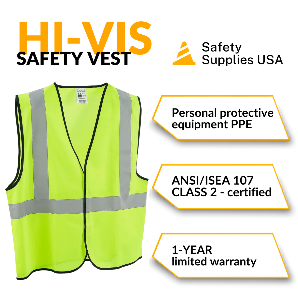 Class 2 Hi-Vis Safety Vest, Solid Polyester, Lime