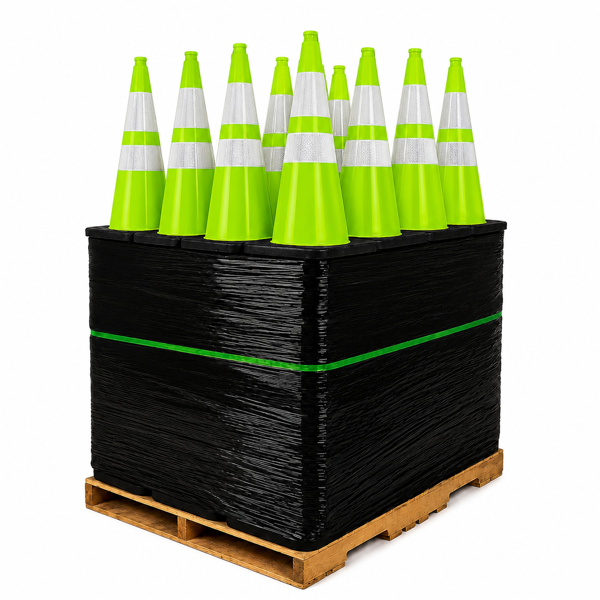 100 Cones Bulk Pallet, 28" Lime Green Traffic Cone, 7lb Black Base, w/6" & 4" Retroreflective Collars, MUTCD Compliant