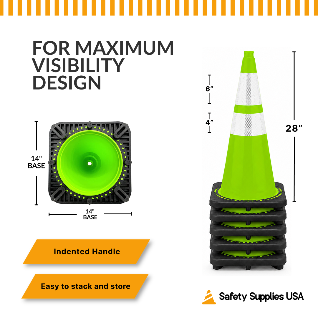 28" Lime Green Traffic Cone, 7 lb Black Base