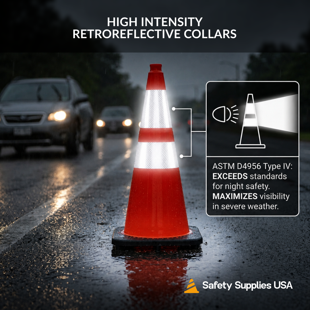 28" Orange Traffic Cone, 7lb Black Base, w/6" & 4" Retroreflective Collars, MUTCD Compliant