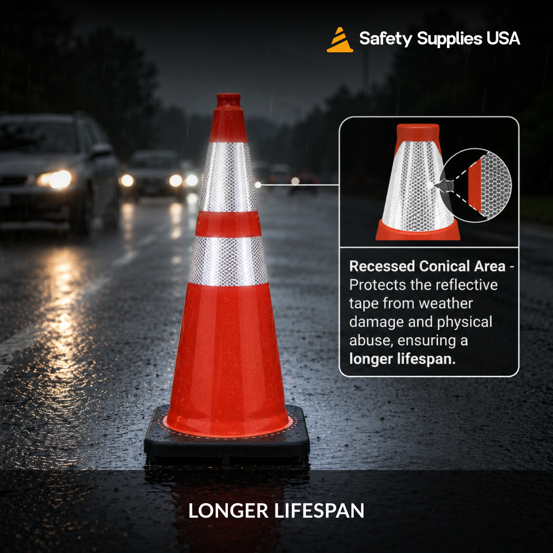 36" Orange Traffic Cone, Black Base, w/6" & 4" 3M Reflective Collar
