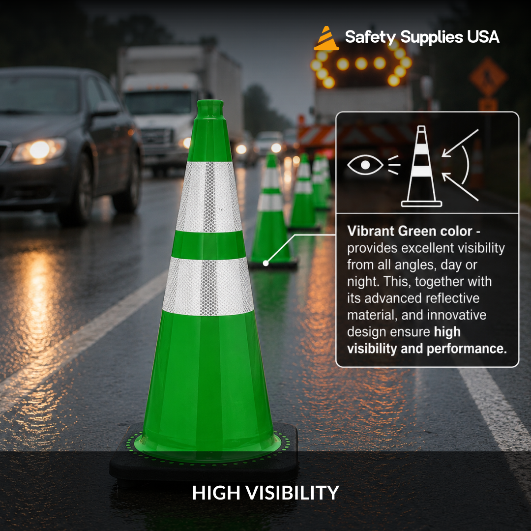 28" Green Traffic Cone, 7 lb Black Base