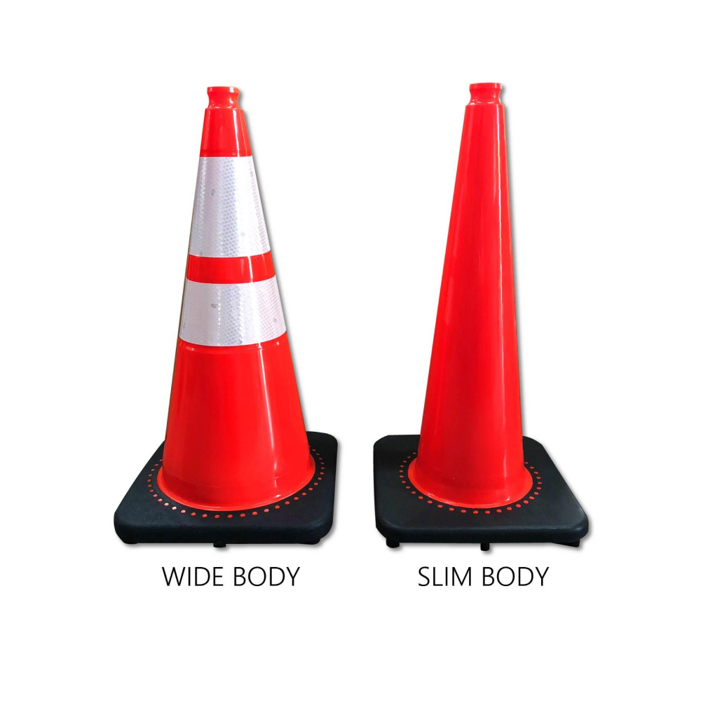 28" Slim Line Orange Traffic Cone, 5.5 lb/7 lb/10 lb Black Base