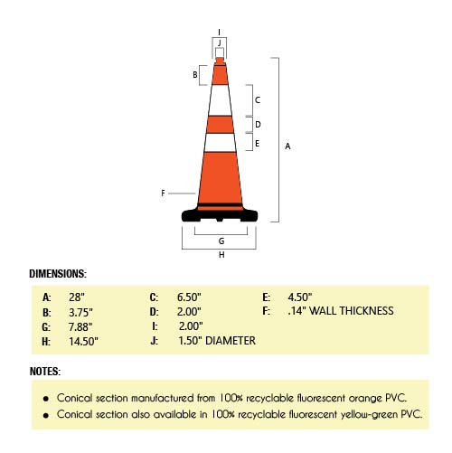28" Slim Line Orange Traffic Cone, 5.5 lb/7 lb/10 lb Black Base