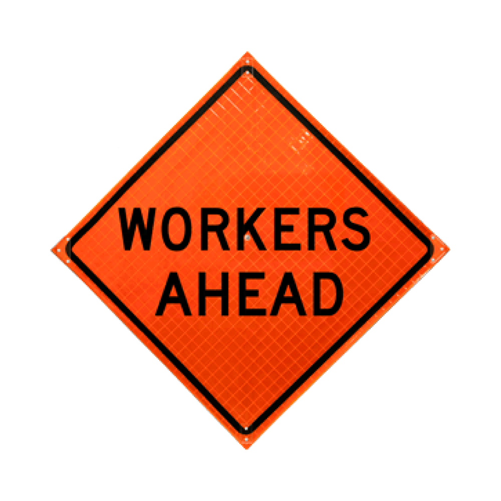 Workers Ahead Roll-Up Sign