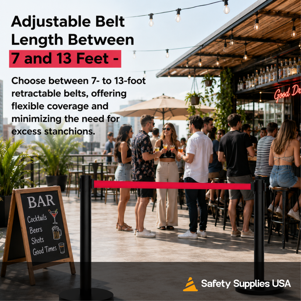 Heavy Duty Retractable Belt Barrier Stanchion – 7 to 13 Foot Belt | Crowd Control & Safety Solution