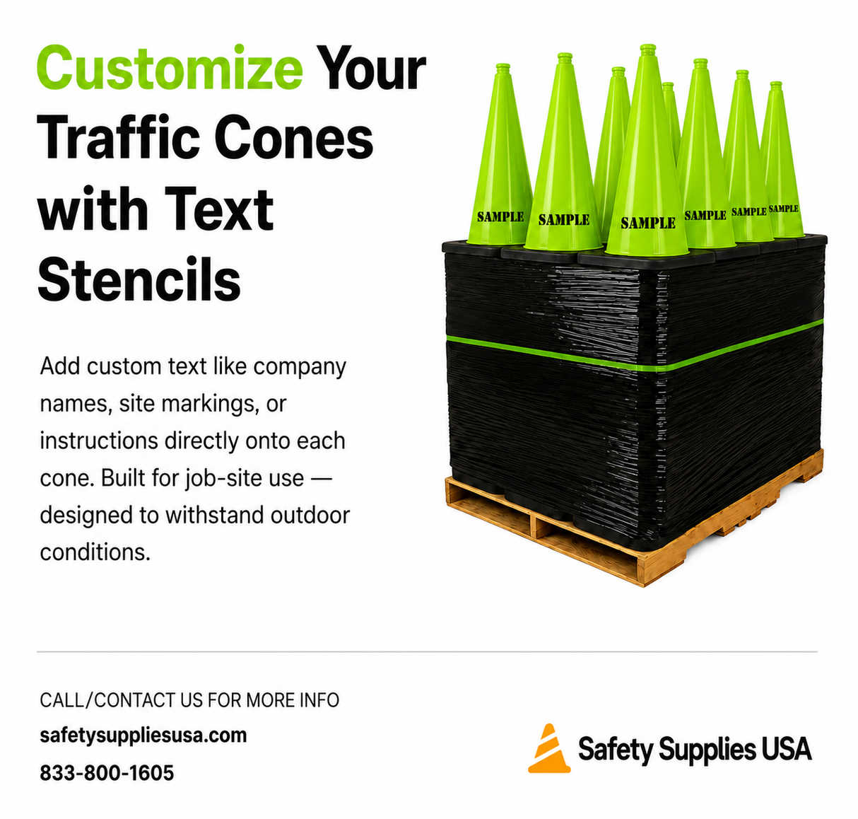 100 Cones Bulk Pallet, 28" Lime Green Traffic Cone, 7lb Black Base, MUTCD Compliant