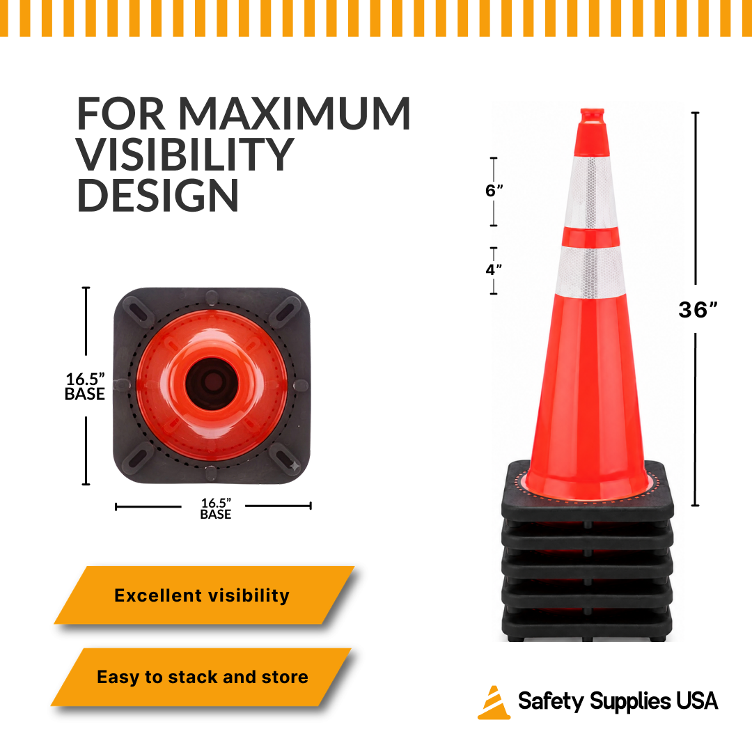 36" Orange Traffic Cone, Black Base, w/6" & 4" 3M Reflective Collar