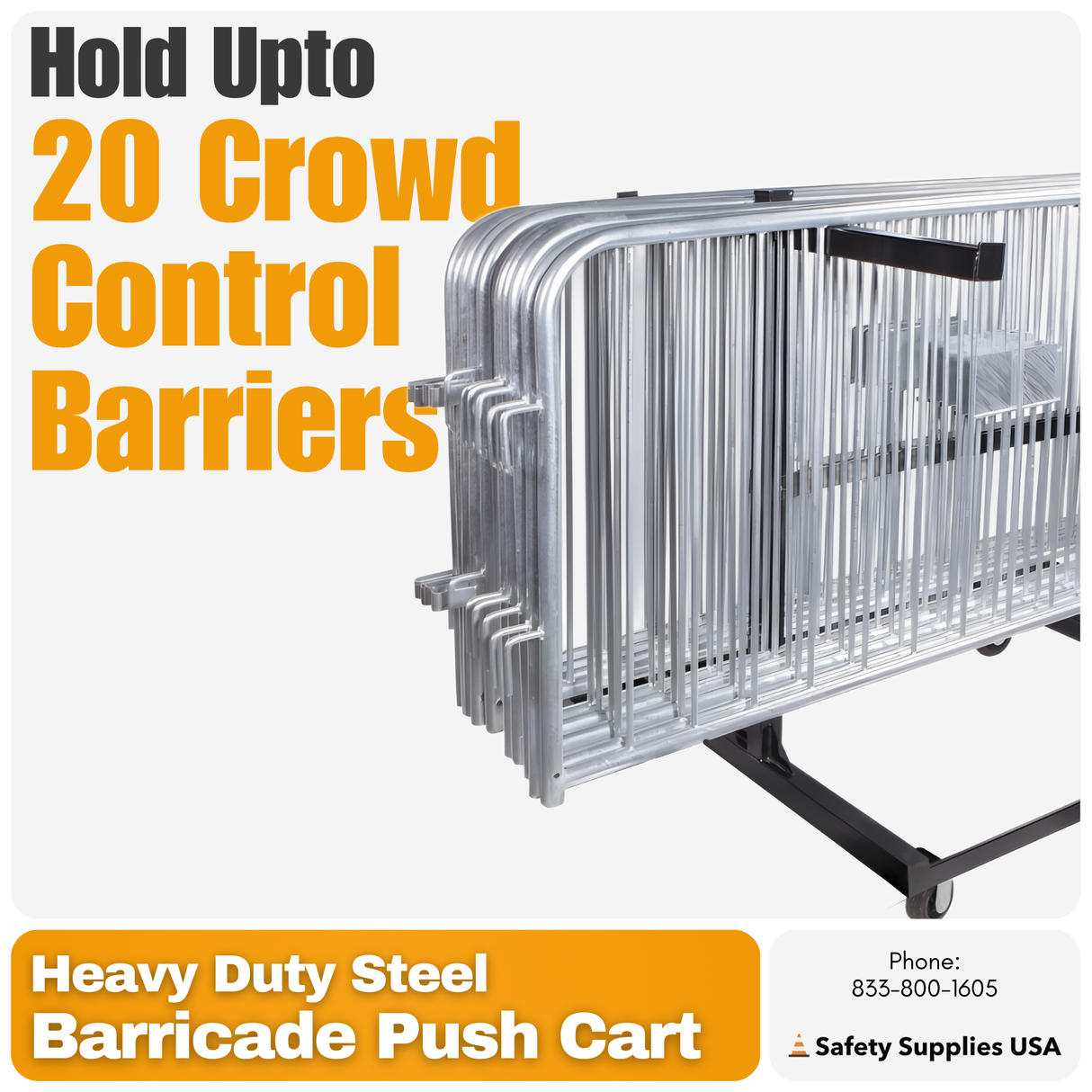Heavy Duty Steel Barricade Push Cart | Holds 20 Crowd Control Barriers