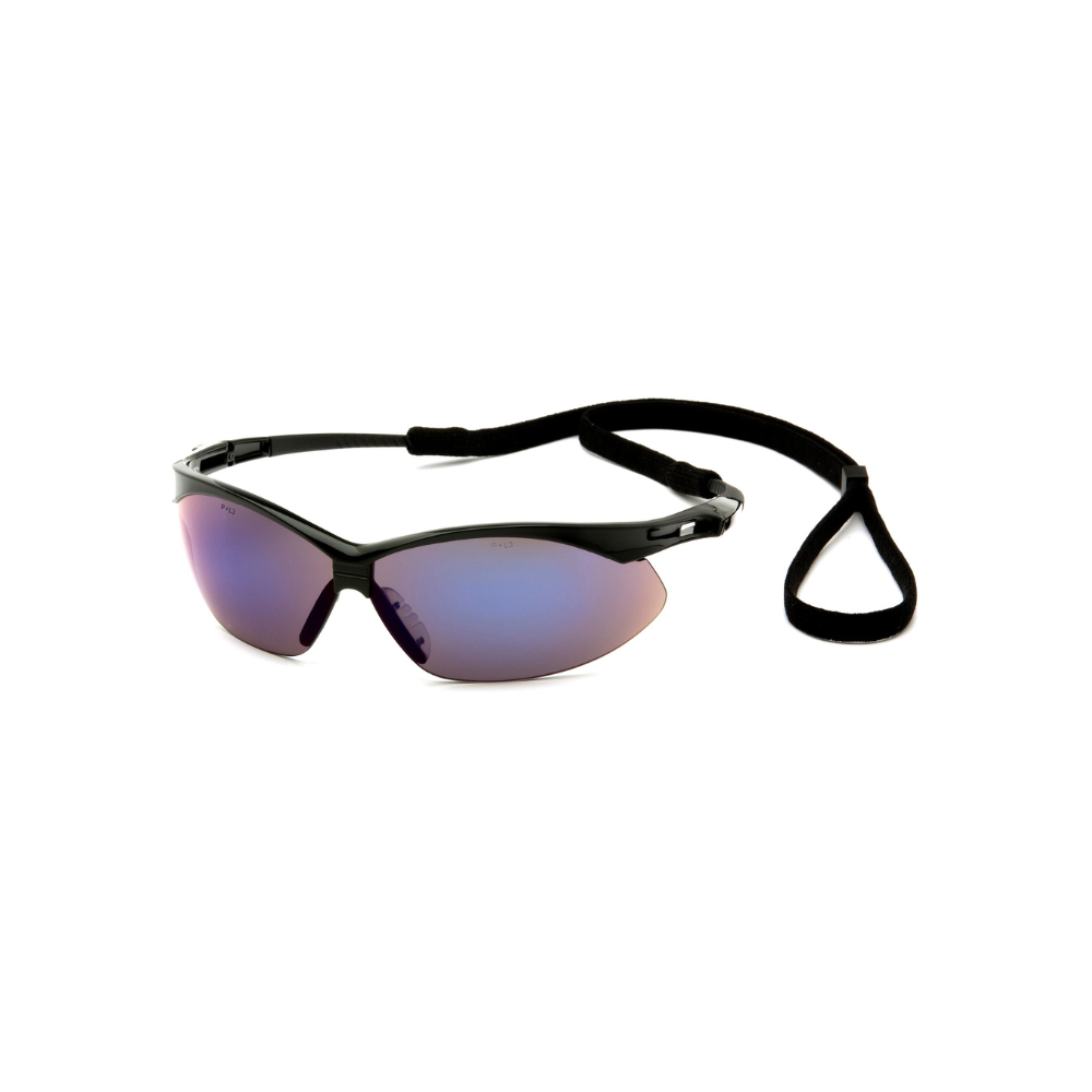 Pyramex SB6375SP Blue Mirror Lens Safety Glasses with Black Frame – Wraparound Protective Eyewear for UV & Glare Reduction
