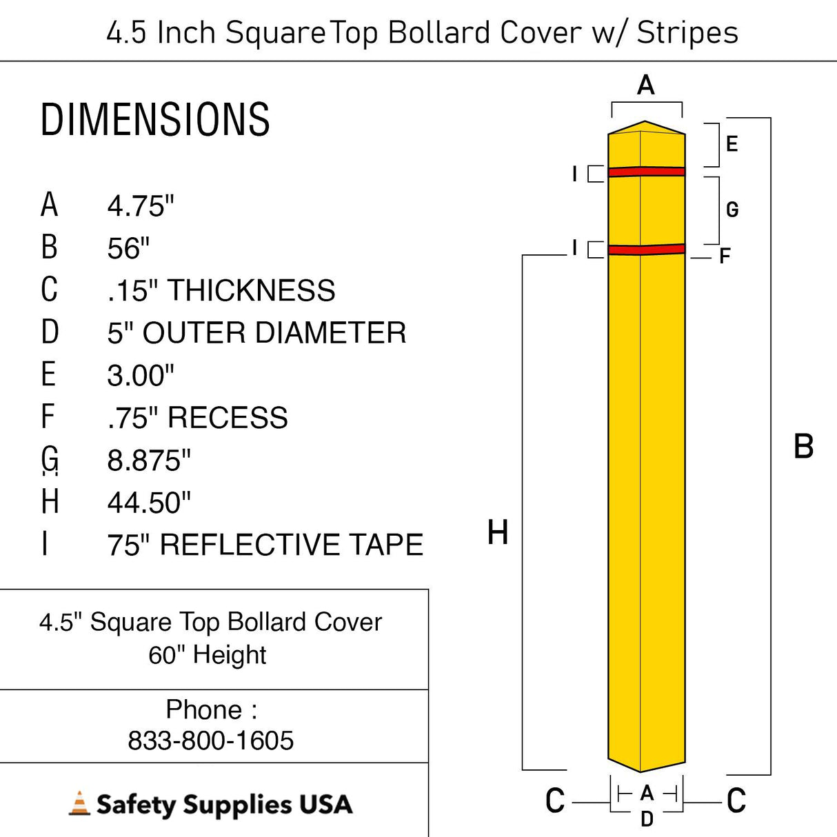 4.5 Inch Square Bollard Cover with Reflective Stripes