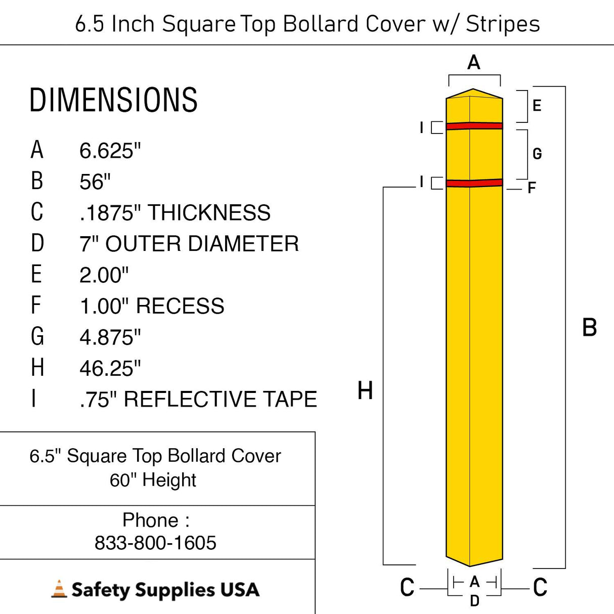 6.5 Inch Square Bollard Cover with Reflective Stripes