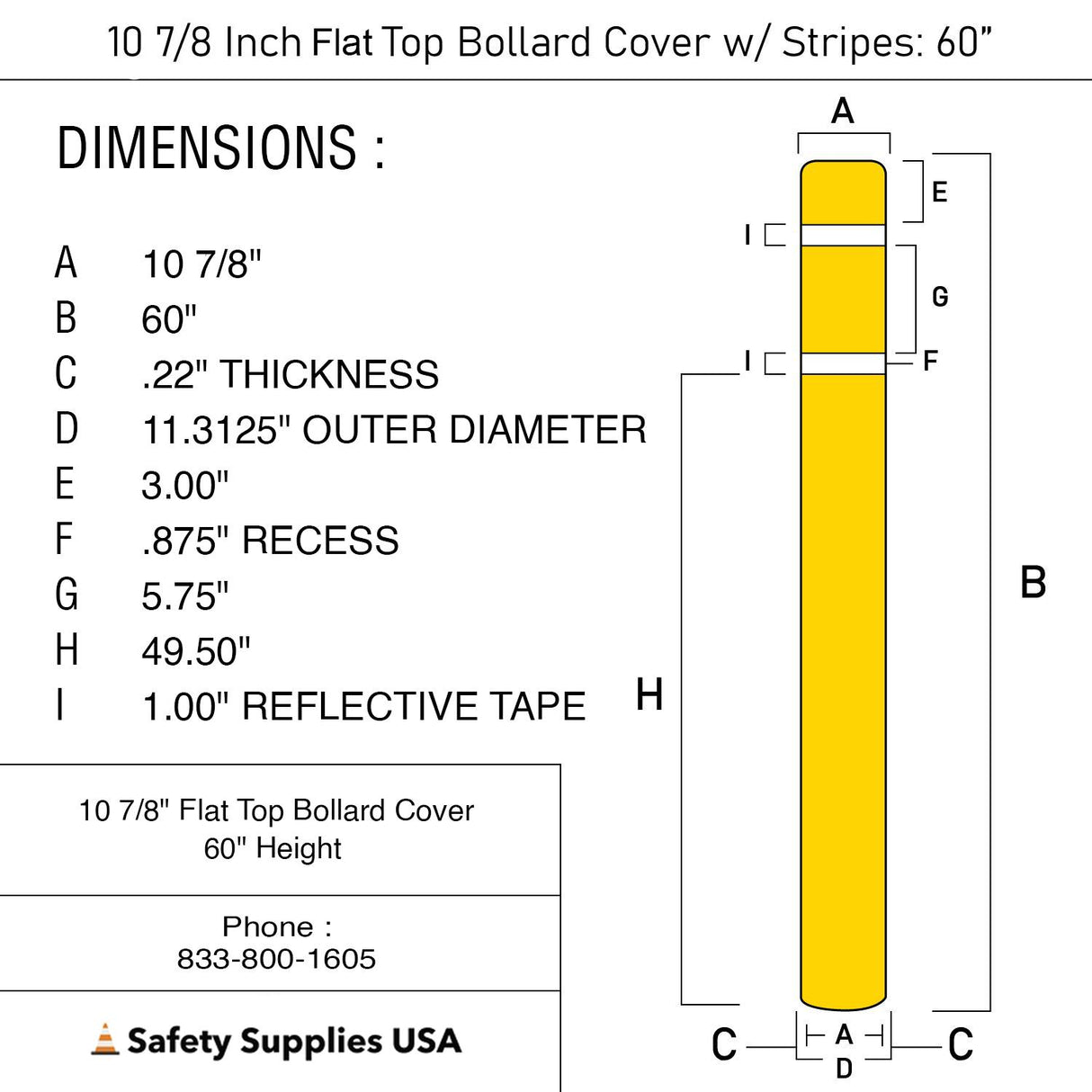 10 7/8-Inch x 60-Inch Bollard Cover with Reflective Stripes