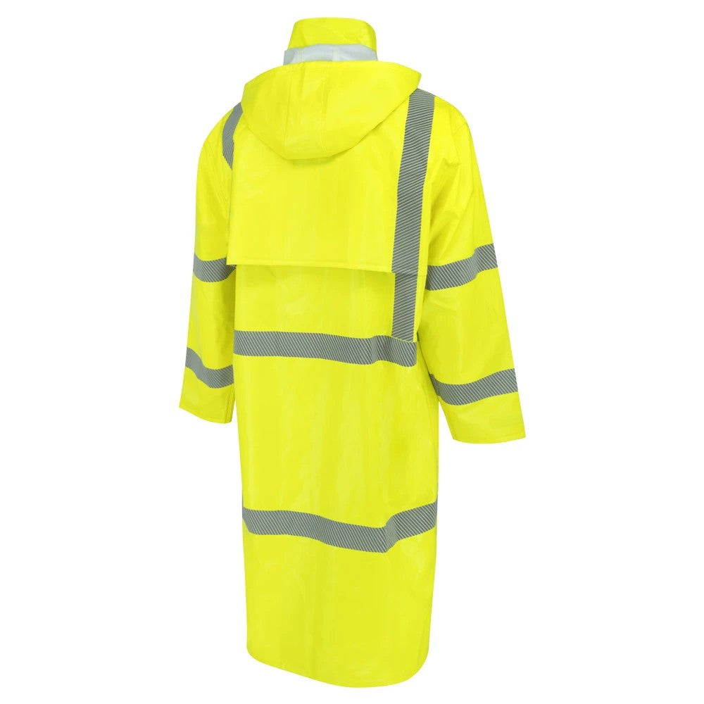 ANSI Class 3 Hi-Vis Self-Extinguishing Rain Trench Coat with Waterproof PVC Coating & Segmented Reflective Tape