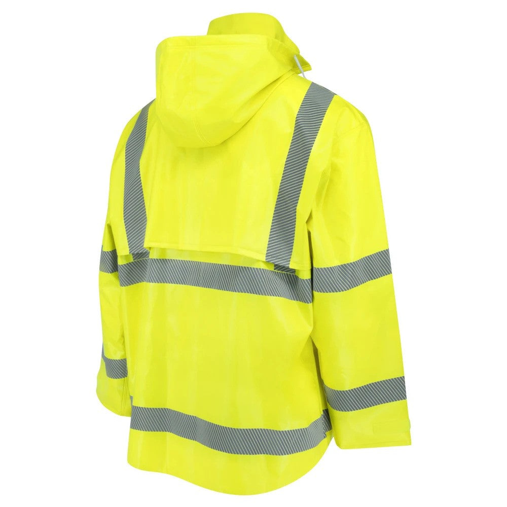 ANSI Class 3 Hi-Vis Self-Extinguishing Rain Jacket with Waterproof PVC Coating & Reflective Tape