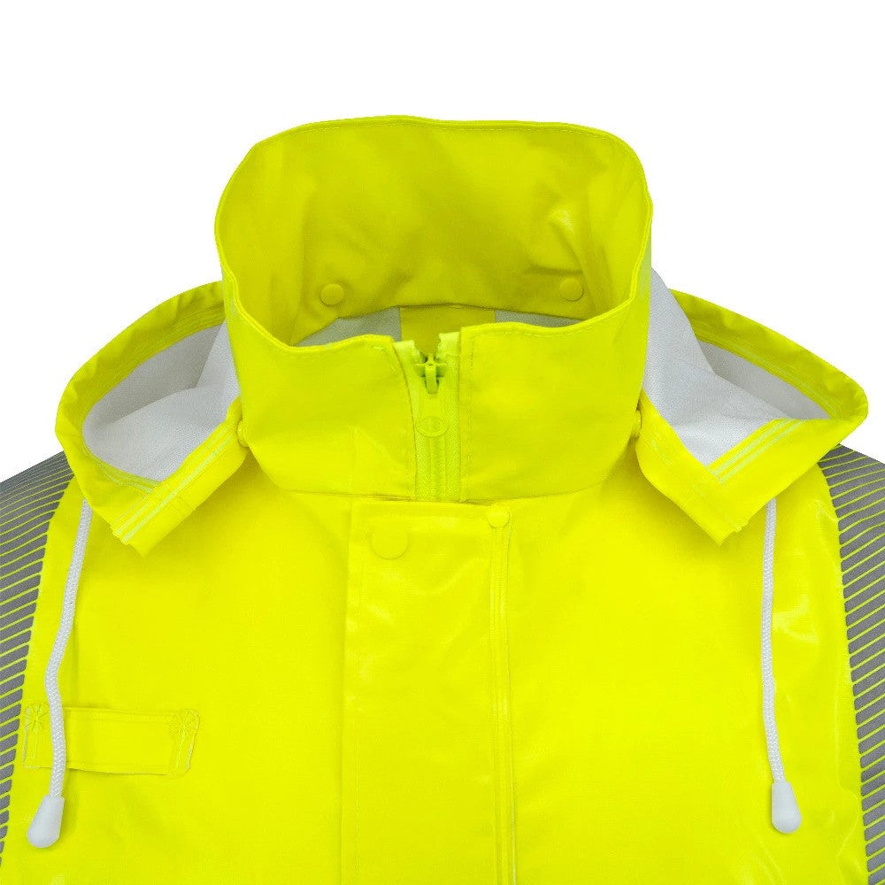 ANSI Class 3 Hi-Vis Self-Extinguishing Rain Jacket with Waterproof PVC Coating & Reflective Tape