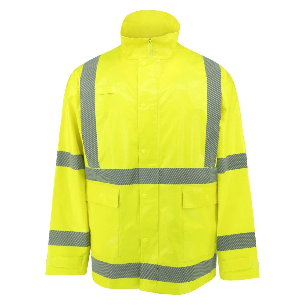 ANSI Class 3 Hi-Vis Self-Extinguishing Rain Jacket with Waterproof PVC Coating & Reflective Tape