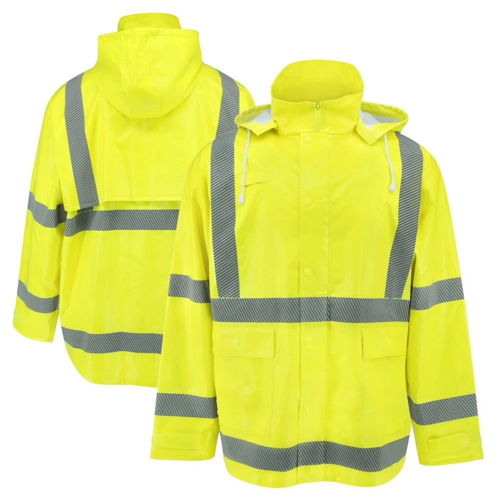 ANSI Class 3 Hi-Vis Self-Extinguishing Rain Jacket with Waterproof PVC Coating & Reflective Tape