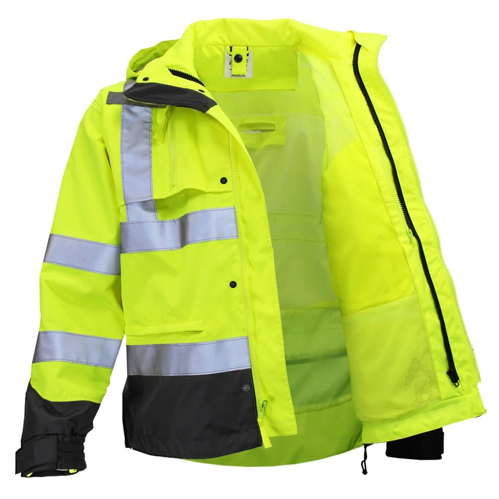 ANSI Class 3 Heavy Duty Waterproof Rain Jacket with Ripstop Polyester Shell & Reflective Tape