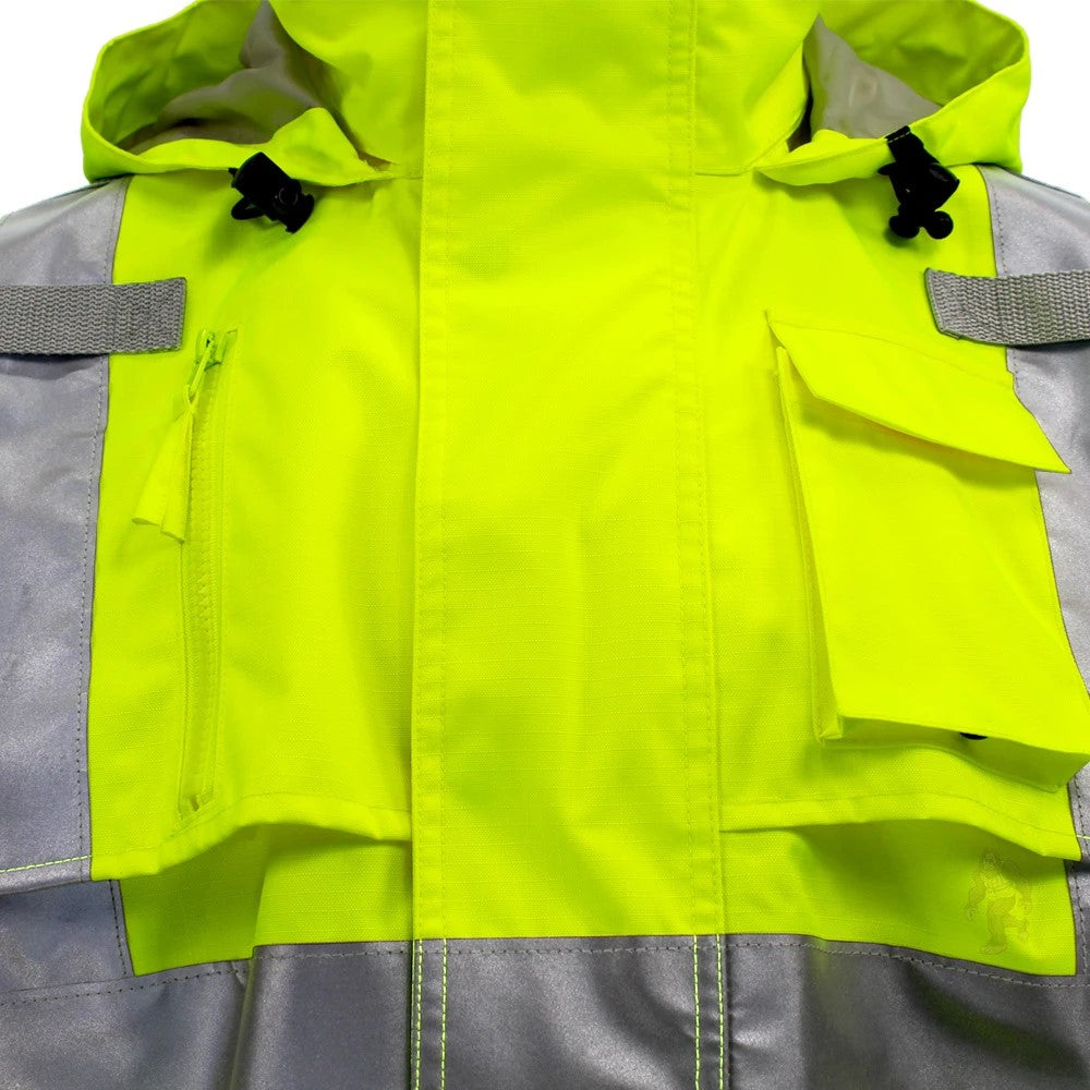 ANSI Class 3 Heavy Duty Waterproof Rain Jacket with Ripstop Polyester Shell & Reflective Tape