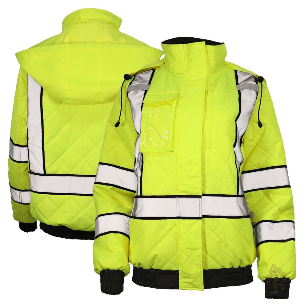Women’s ANSI Class 3 Hi-Vis Bomber Safety Jacket with Waterproof Weatherproof Shell & Reflective Tape