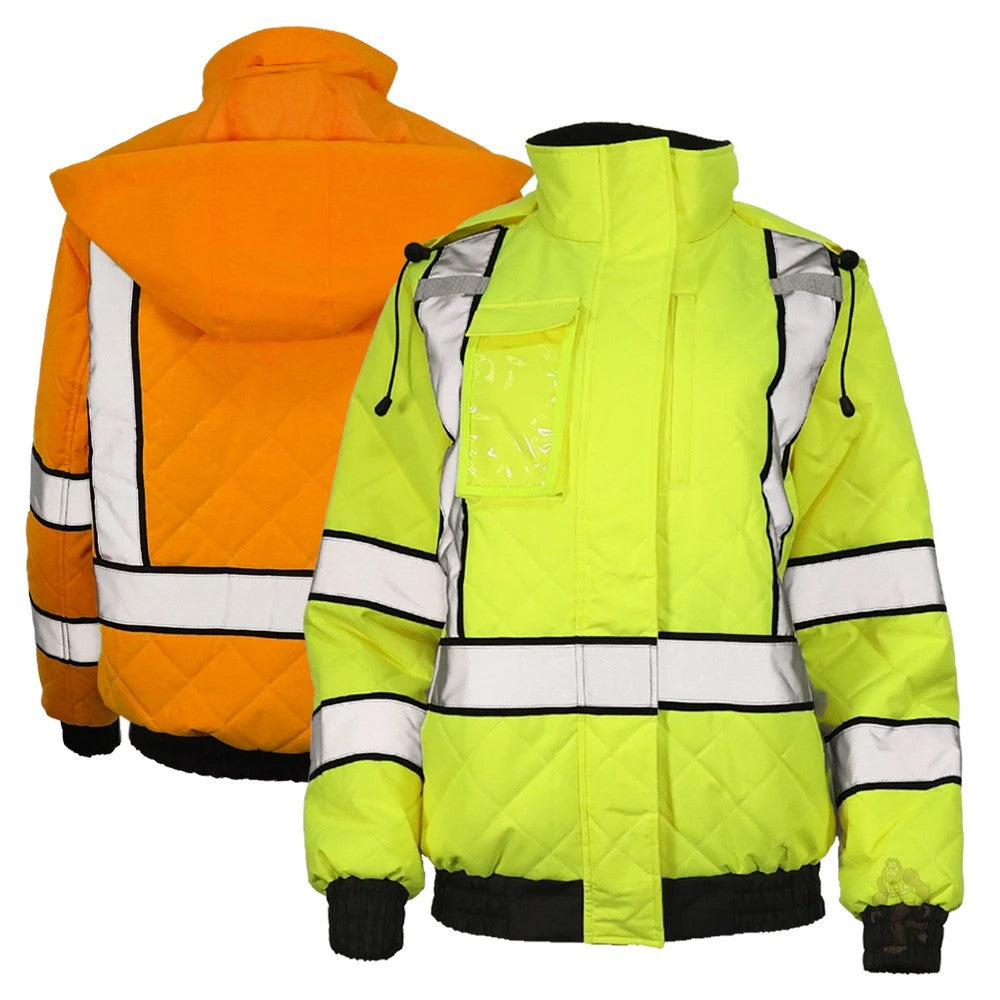 Women’s ANSI Class 3 Hi-Vis Bomber Safety Jacket with Waterproof Weatherproof Shell & Reflective Tape