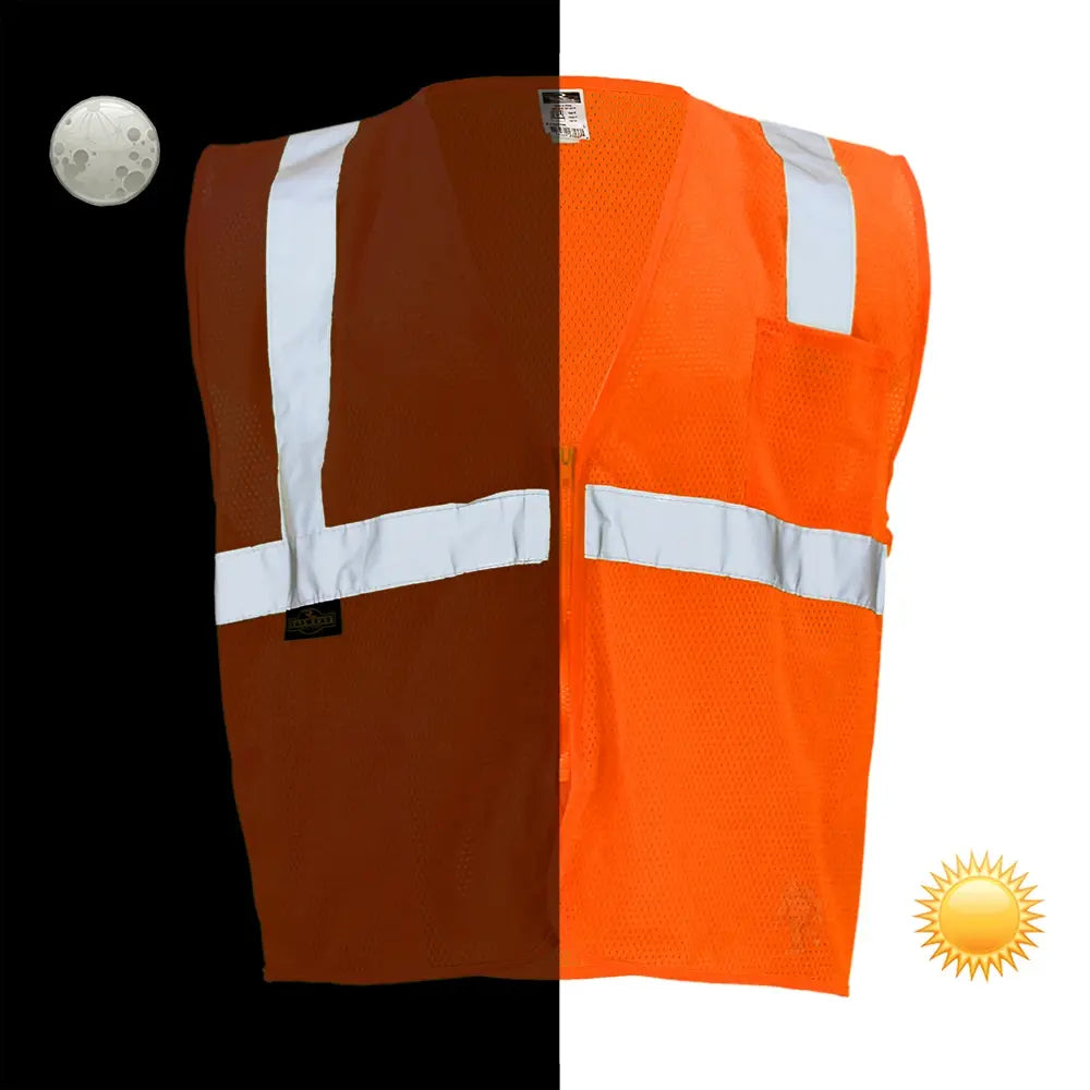 ANSI Class 2 Hi Vis Mesh Safety Vest with Zipper Closure, Reflective Stripes & Pockets, Type R Economy Work Vest, Lime/Orange, SM-5X