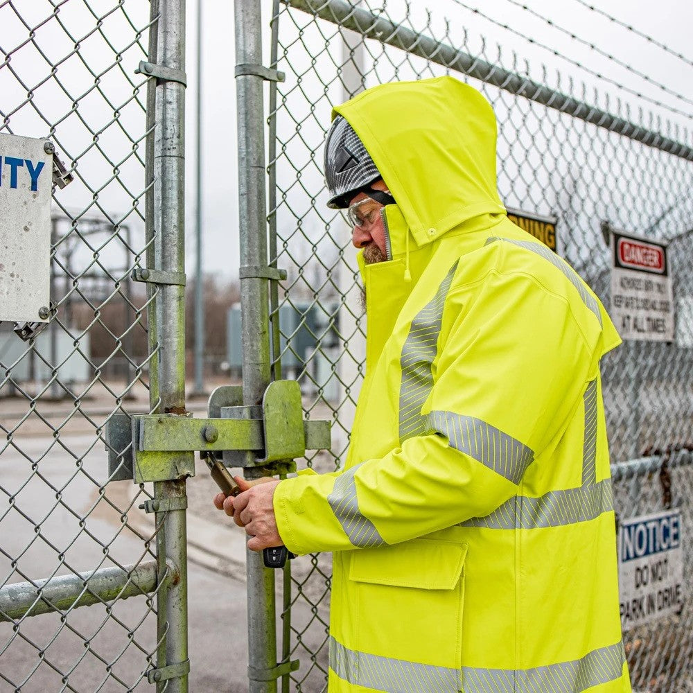 ANSI Class 3 Hi-Vis Self-Extinguishing Rain Jacket with Waterproof PVC Coating & Reflective Tape